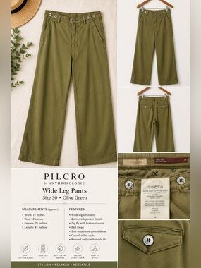 Pilcro Anthropologie Olive Green Wide Leg Pants Women’s Size 30 Casual Utility